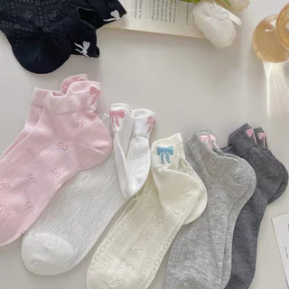 🎀พร้อมส่งจากไทย🎀TA-12ถุงเท้าข้อสั้นปักรูปโบว์1คู่ ถุงเท้าสีพาสเทลสไตล์น่ารักหวานๆ