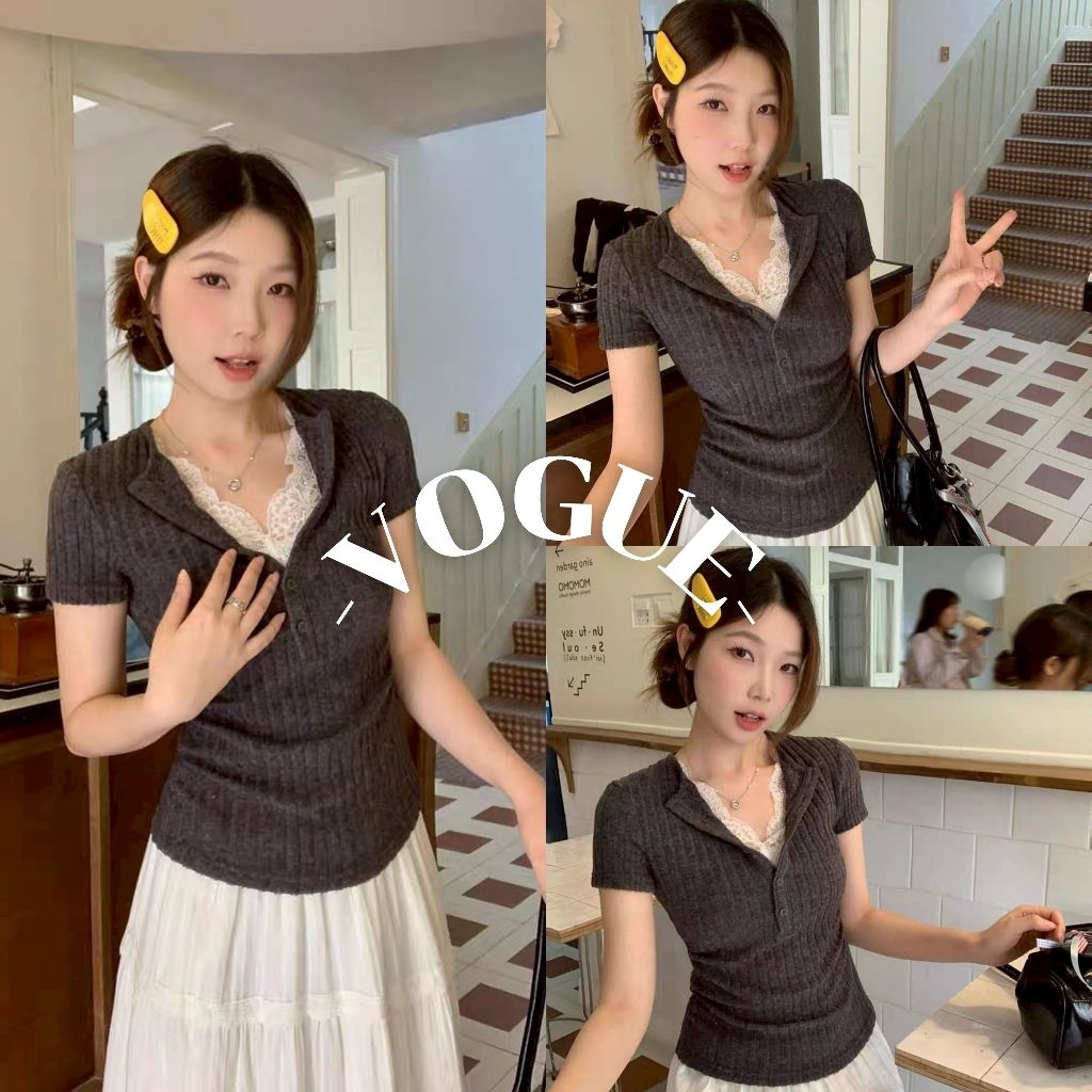 Vogue🌟พร้อมส่ง🌟 เสื้อยืดไหมพรม แขนสั้น คอวี ผ้านุ่มนิ่มใส่สบายมาก (61661)