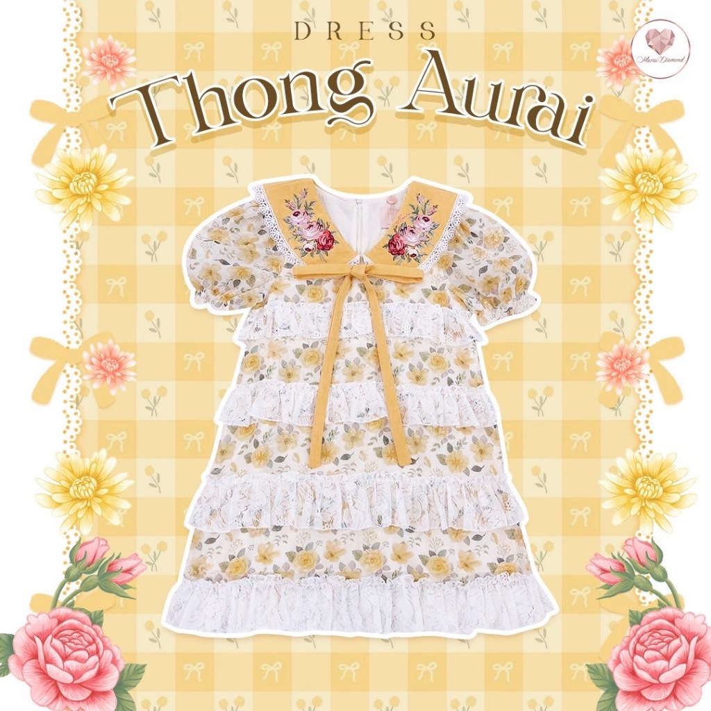 (มี3XL) Thong Aurai Dress เดรสทรงปล่อยตัดต่อผ้าลูกไม้แต่งระบาย ปกงานปัก โบว์หน้า แขนสั้นสม็อค ซิปหลัง มีซับใน