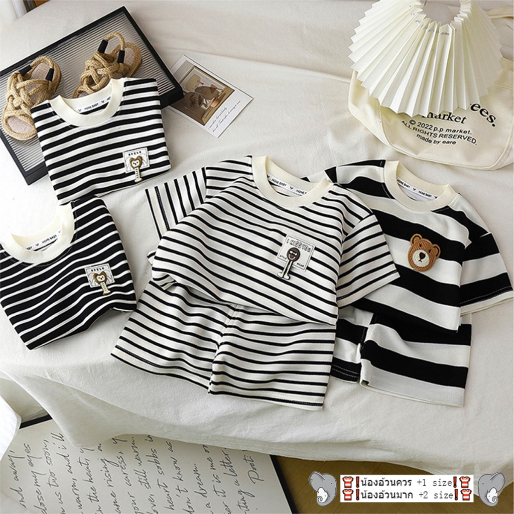 ชุดเสื้อแขนสั้นเด็ก เสื้อแขนสั้น+กางเกงขาสั้น ลายทาง ปักลายการ์ตูน อินเทรนด์ ลำลอง