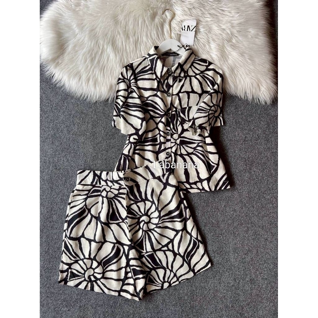 ZARA 🪻💐 GRAPHIC FLORA ชุดเซ็ท เสื้อเชิ้ต+ขาสั้น แบรนด์แท้💯🔥🔥