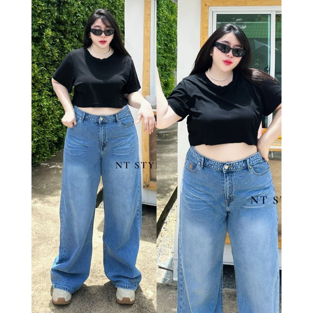 กางเกงยีนส์ทรงกระบอกกลางสาวอวบ Unisex ใส่ได้ทั้งหญิงและชาย(เอว34-46นิ้ว)