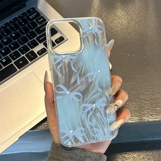 เคสสีชมพูน้ำเงิน Pearl Bow สุดหรู เคสไอโฟน13 เคส IPhone 11 Pro 16 13 14 15 12 Pro Max XR X XS Max 8 7 15 Plus 16Pro Max
