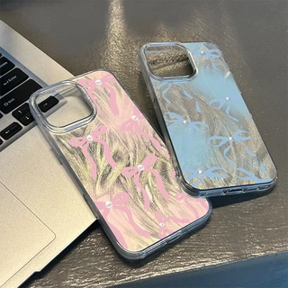 เคสสีชมพูน้ำเงิน Pearl Bow สุดหรู เคสไอโฟน13 เคส IPhone 11 Pro 16 13 14 15 12 Pro Max XR X XS Max 8 7 15 Plus 16Pro Max