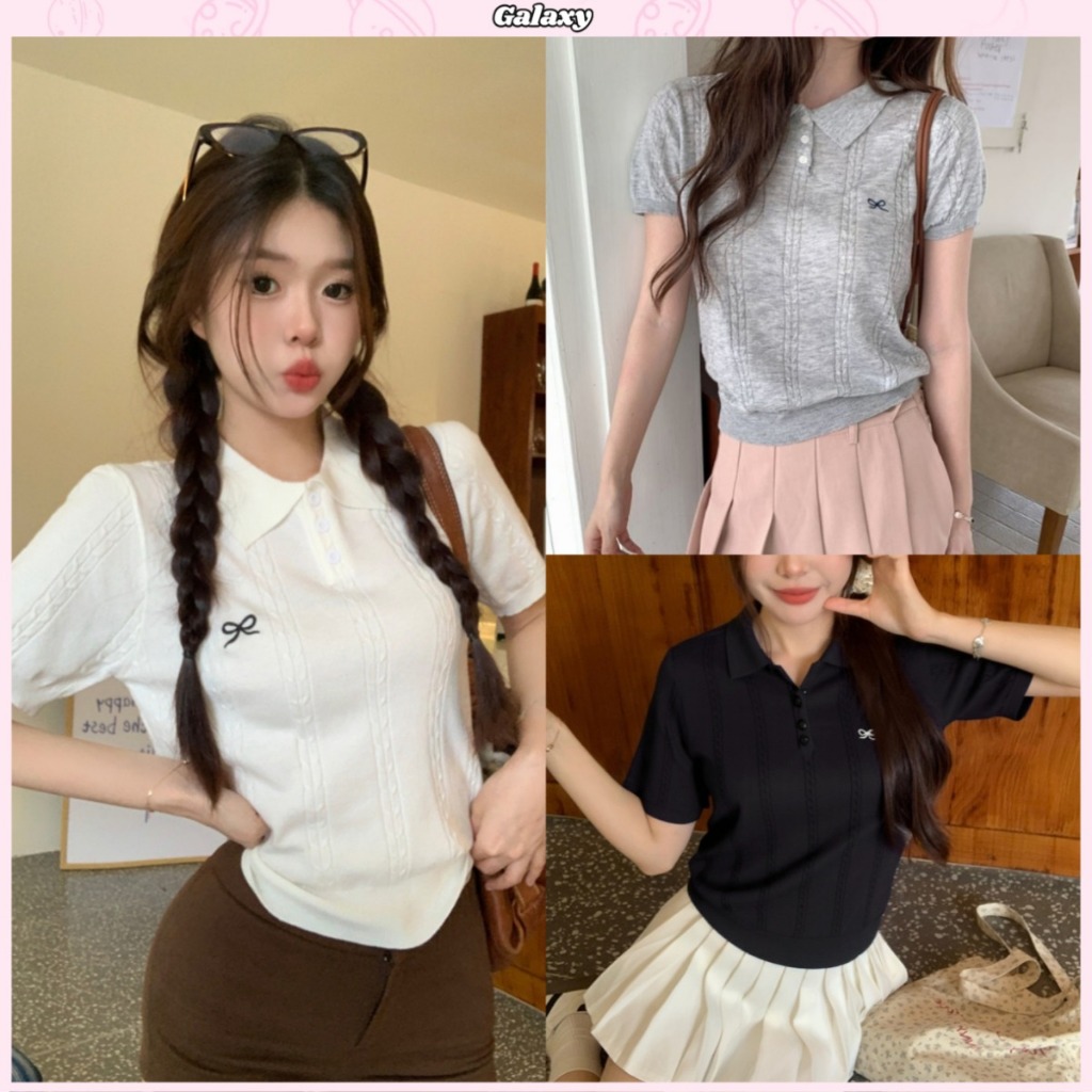 เสื้อแขนสั้นผู้หญิง ผ้าไหมพรม  สไตล์เกาหลี ดูผอม ออกแบบสวย ใส่เที่ยวเก๋ๆ #020389