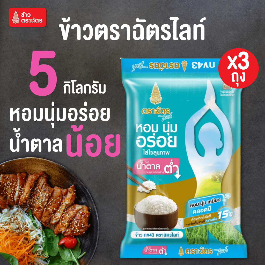 3 ถุง ข้าวตราฉัตรไลท์ (ถุงละ 5 กิโลกรัม) ข้าวสาร กข43  ดัชนีน้ำตาลปานกลางค่อนข้างต่ำดีต่อสุขภาพ