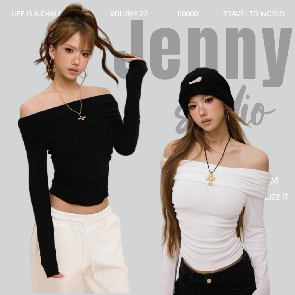 Jennyพร้อมส่ง🍒สื้อเซ็กซี่ผู้หญิง เสื้อยืดปาดไหล่แขนยาว สีพื้นเอวลอยทรงรัดรูป เสื้อยืดสีขาวไหล่เดียวสไตล์สวาเกาหลีเกาหลี