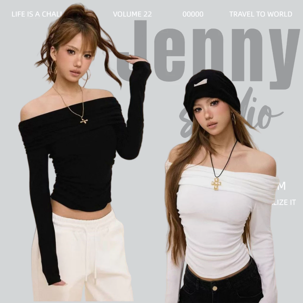 Jennyพร้อมส่ง🍒สื้อเซ็กซี่ผู้หญิง เสื้อยืดปาดไหล่แขนยาว สีพื้นเอวลอยทรงรัดรูป เสื้อยืดสีขาวไหล่เดียวสไตล์สวาเกาหลีเกาหลี
