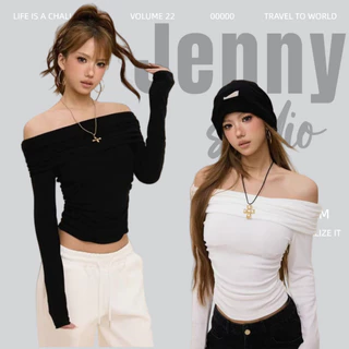 Jennyพร้อมส่ง🍒สื้อเซ็กซี่ผู้หญิง เสื้อยืดปาดไหล่แขนยาว สีพื้นเอวลอยทรงรัดรูป เสื้อยืดสีขาวไหล่เดียวสไตล์สวาเกาหลีเกาหลี