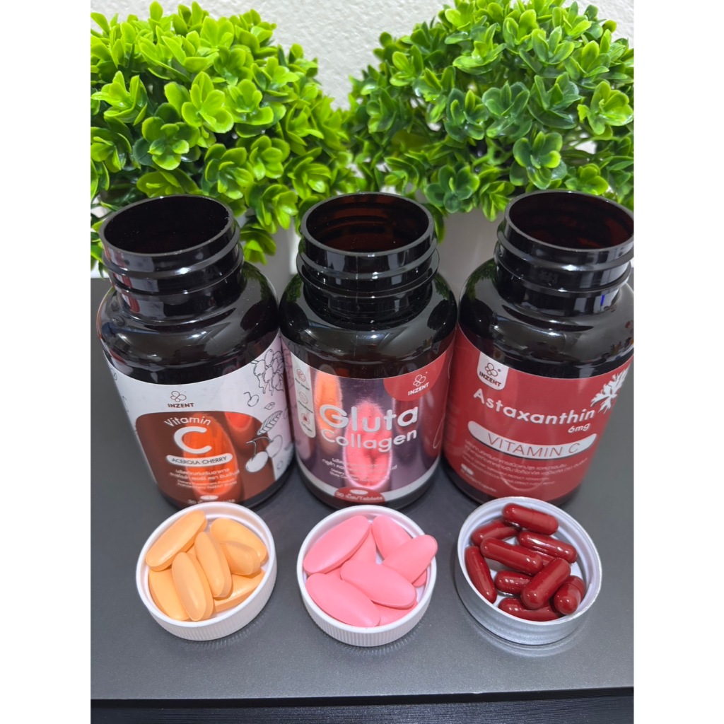 INZENT Vitamin C Acerola Cherry 1000 มก. +INZENT Gluta Collagen+INZENT Astaxanthin