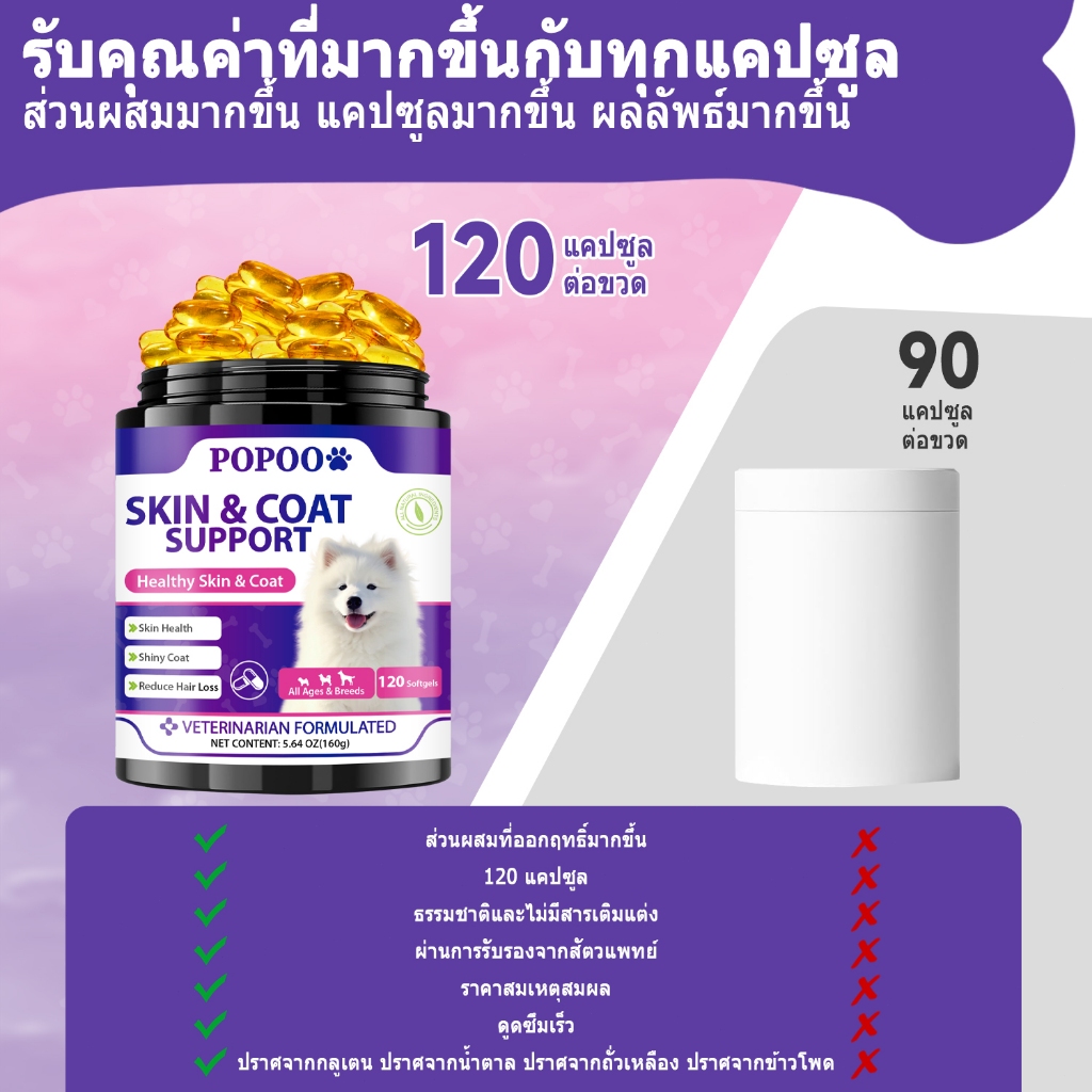 Popoo Skin & Coat Support for Dogs ขนมสุนัขบำรุงผิวหนังและขน สำหรับสุนัขทุกวัย อาหารเสริมสุนัข 120 แคปซูล - รูปที่ 5