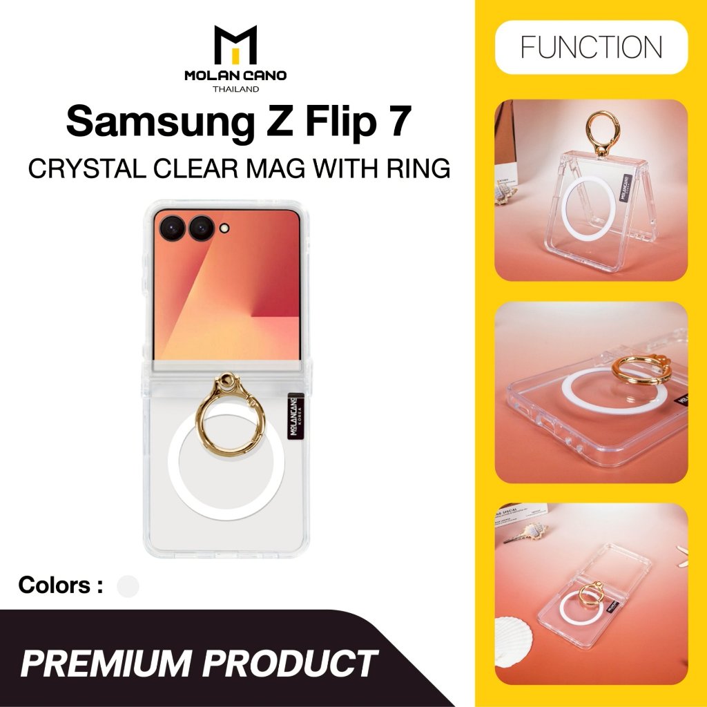 Molan cano  รุ่น Z Flip 7/6/5/4 เคสใส พร้อมวงแหวนสีทอง รองรับชาร์จไร้สาย เคส Crystal Clear Mag With 