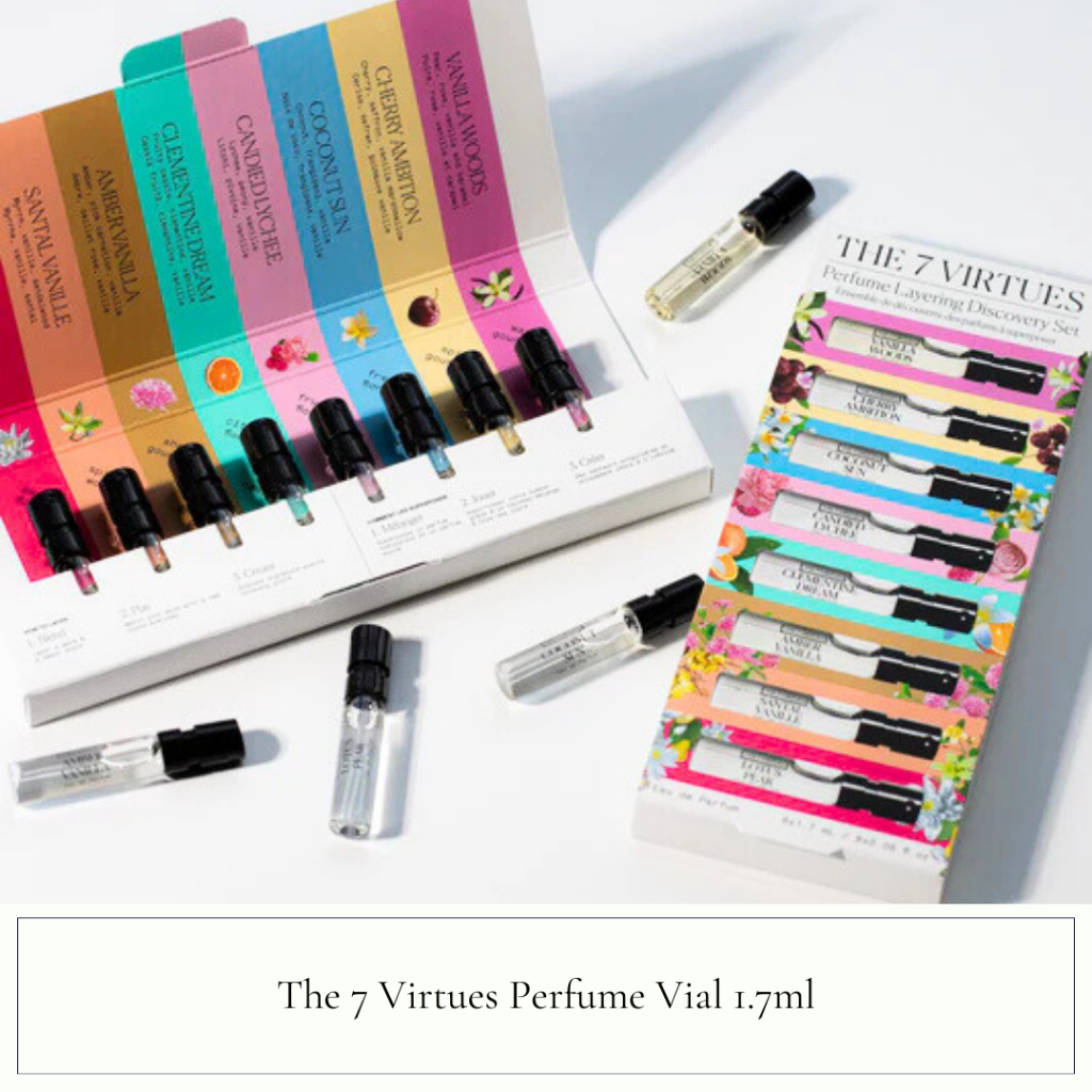 The 7 Virtues Perfume Vial 1.7ml Vanilla Woods, Amber, Santal Vanille, Lotus Pear, Candied Lychee