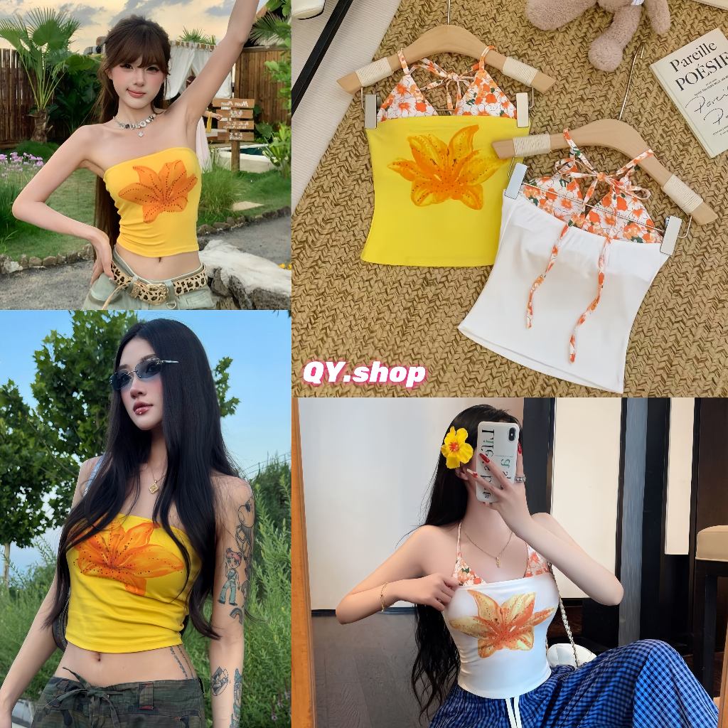 QY.Shop  ผ้าใส่สบาย  เสื้อเกาะอก+บราคล้อง น่ารักๆ สีสดใน ลายดอกไม้ มีฟองน้ำในตัวยืดพอดี "FY5559"