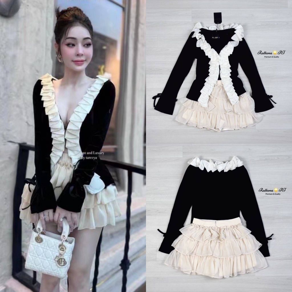 Rattana SETเสื้อแขนยาวมีสายผูก+โปรงมีซับในเป็นกางเกง