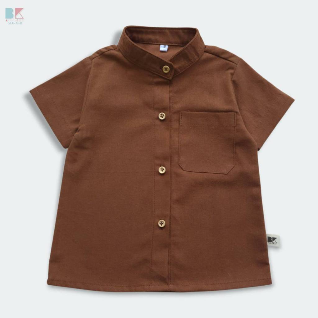 เสื้อเชิ้ตเด็ก ผ้าฝ้ายลินิน สีน้ำตาลชา รุ่นเเขนสั้น สวมใส่ง่ายได้ทุกโอกาส🤎