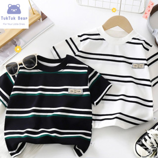 เสื้อยืดแฟชั่นเด็ก เสื้อแขนสั้นเด็กลายทาง ผ้าฝ้าย นุ่มสบาย ใ…