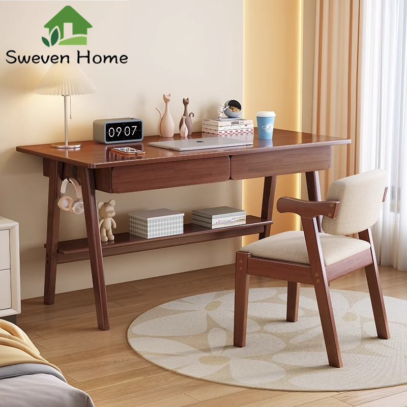 Sweven Home โต๊ะคอม โต๊ะทำงาน 140/120cm มินิมอลลิสต์ ทำด้วยไม้ table พร้อมชั้นวาง 2 สี โต๊ะพร้อมตะขอและลิ้นชัก ติดตั้งง่