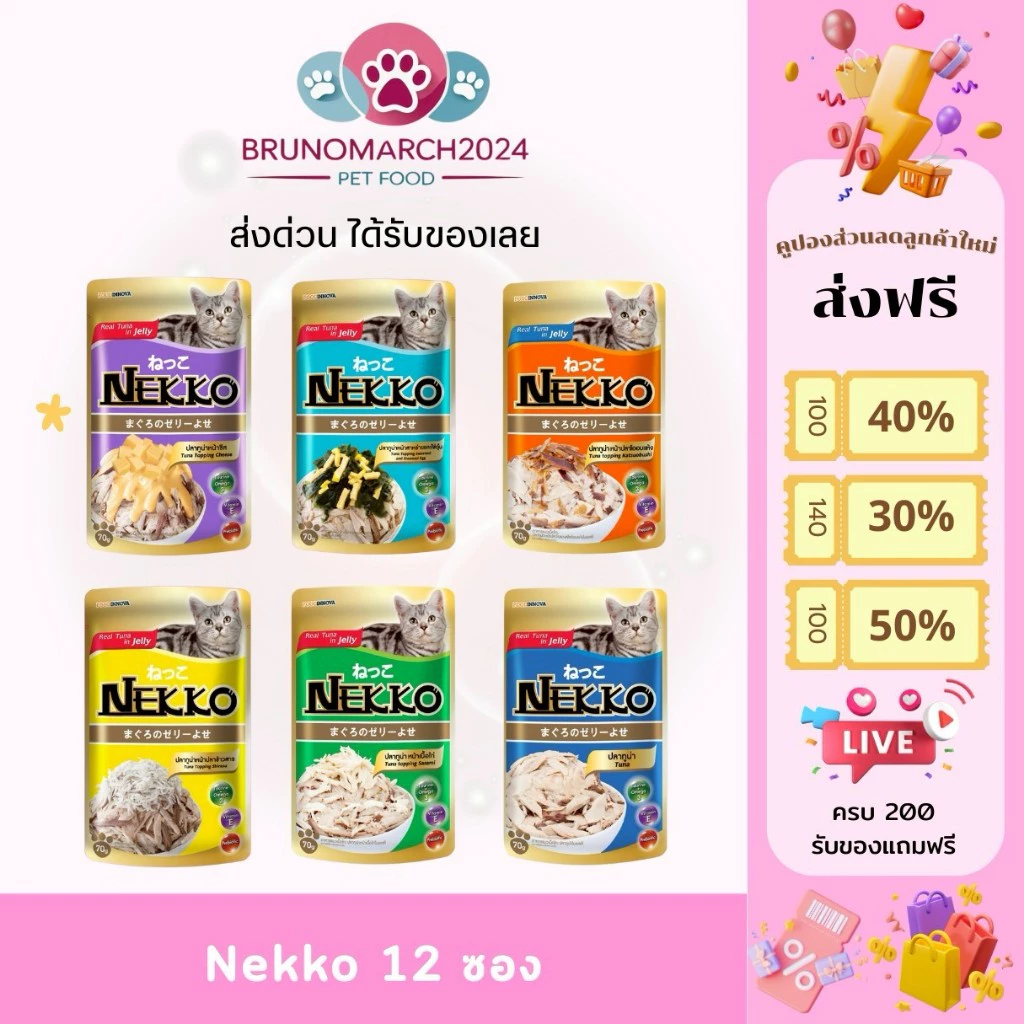 ส่งด่วนได้ของเลย Nekko อาหารแมว เน็กโกะ ทำจากเนื้อปลาทูน่า ไม่เติมเกลือ บรรจุ 12 ซอง อร่อยถูกปากน้องแมวแน่นอน