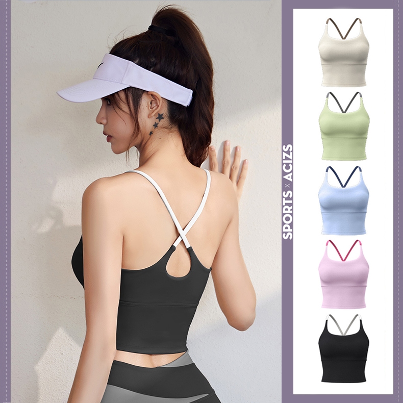 mvp sport เสื้อกล้ามกีฬาผู้หญิง สปอร์ตบรา สปอร์ตบราแบบไขว้สายเดี่ยว บุโฟมแบบเย็บติด