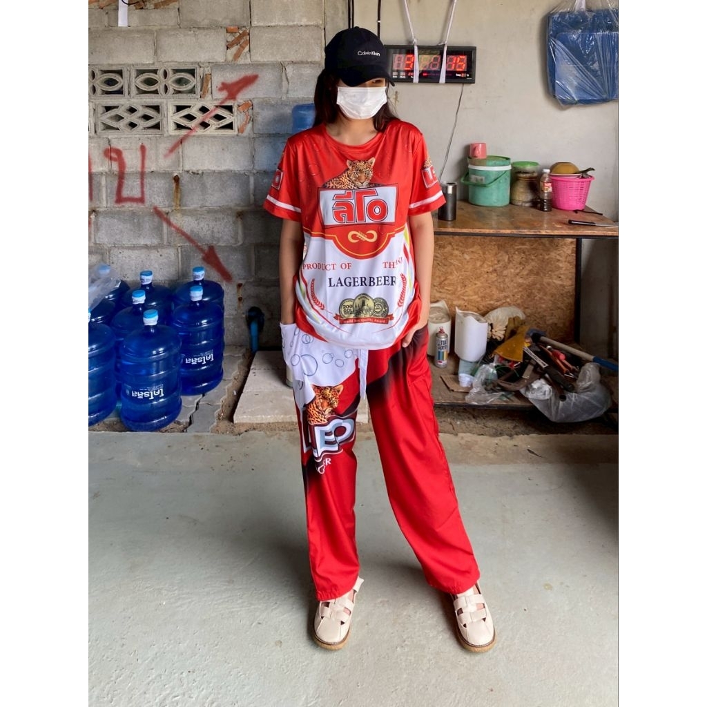 ชุดเซ็ทเสื้อและกางเกงขายาวลายเครื่องดื่มผ้าไมโครและผ้าไหมอิตาลี