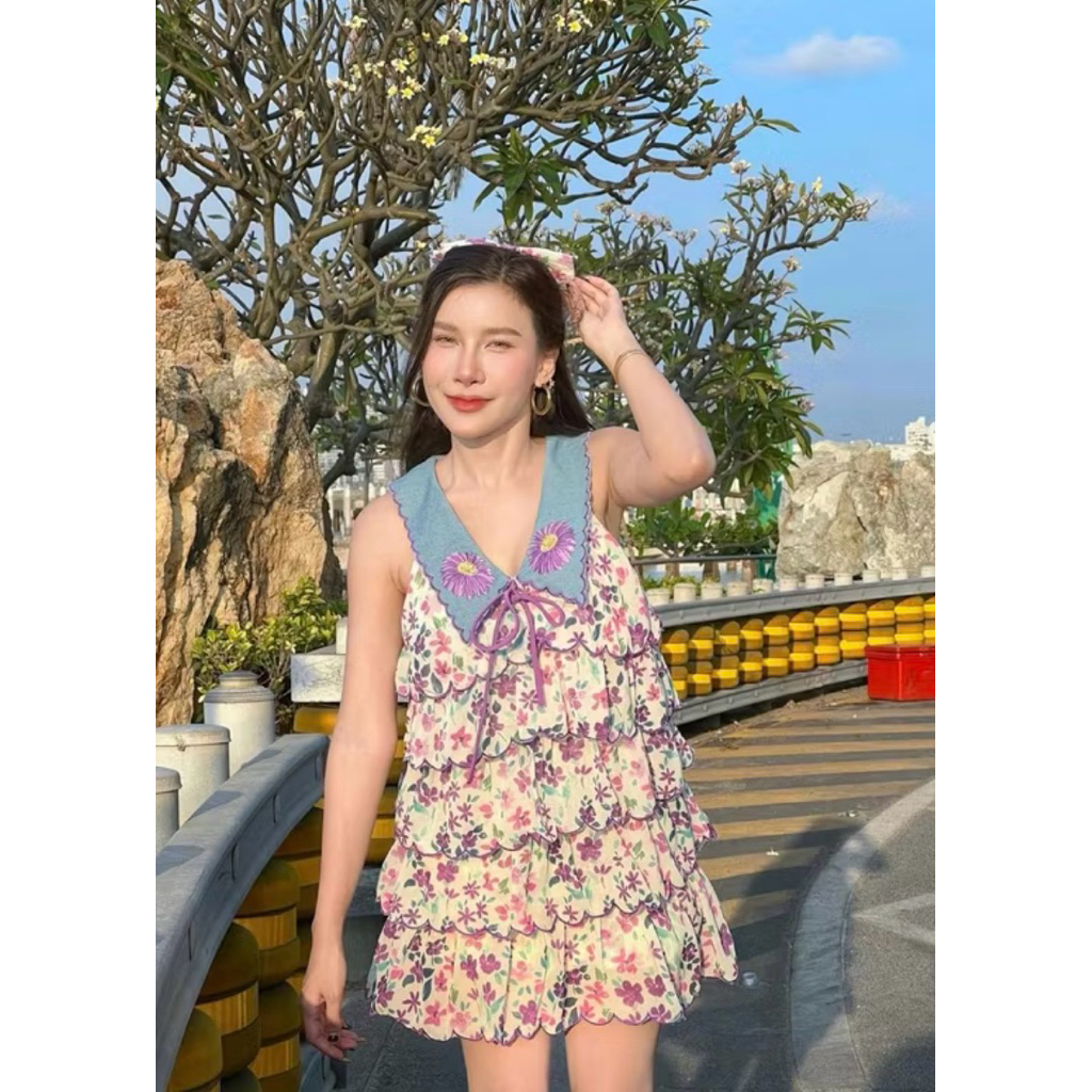 ชุดเซตเดรสชีฟองปักลายปกดอกไม้สีม่วง+โบว์ งานป้าย Jidapa style Size..2XL มือ ✌️