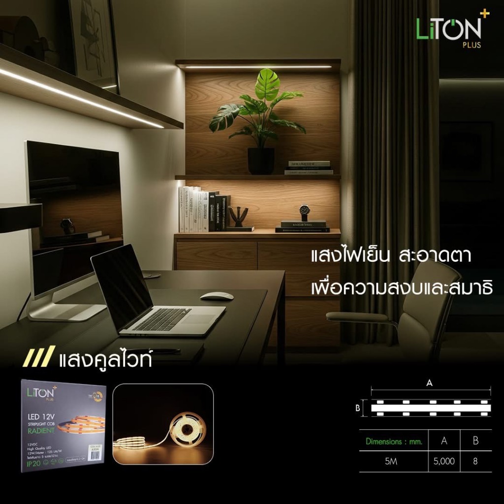LiTON ไฟเส้น ไฟริบบิ้น LED 12V DC (5 เมตร) Striplight COB ไลตั้น รุ่น RADIENT ราคา ถูกที่สุด ดีลบีเคเค แกลเลอรีภาพที่ 8