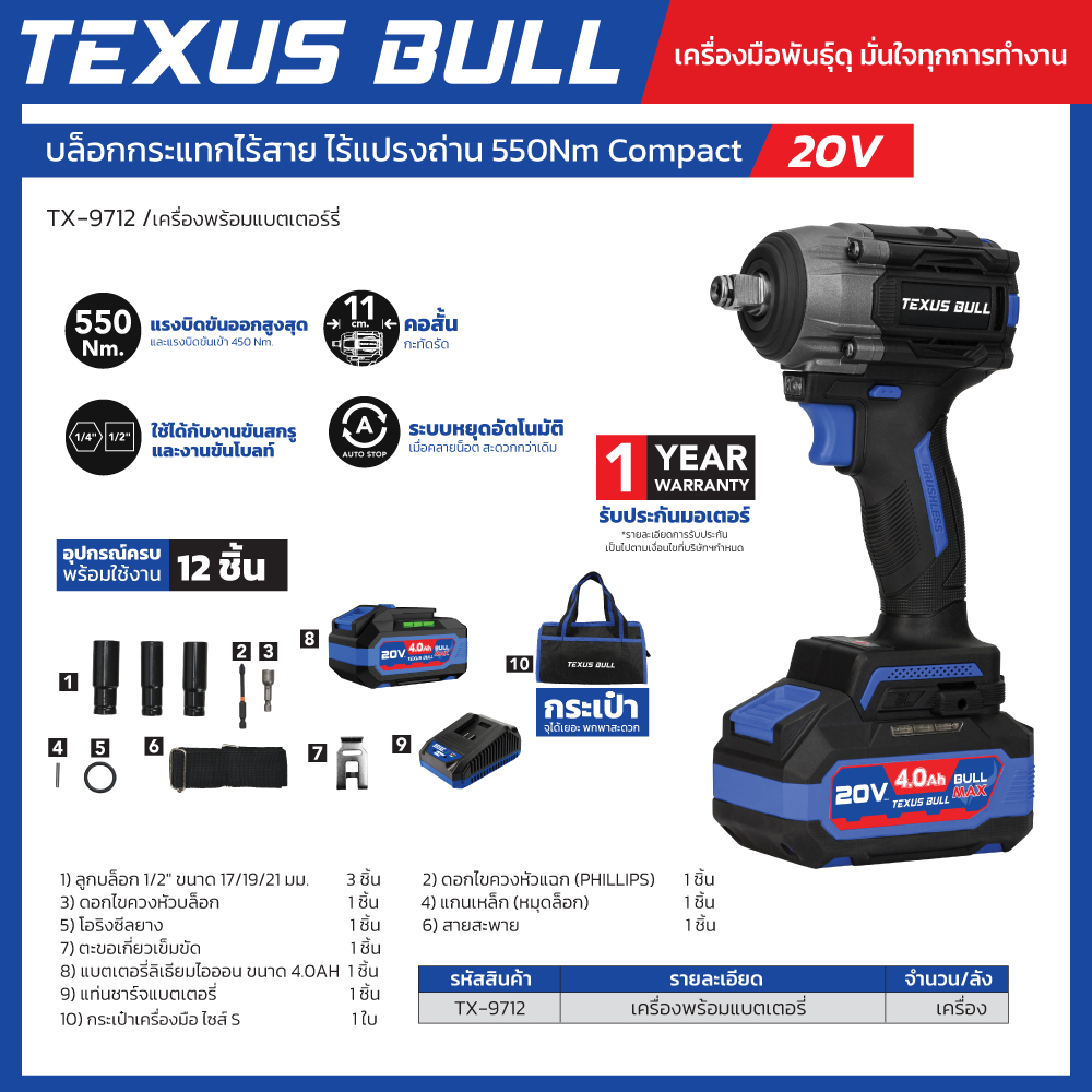 TEXUS BULL 20V TEXUS BULL 20V บล็อกกระแทกไร้สาย ไร้แปรงถ่าน พร้อมอุปกรณ์ครบชุด รุ่น TX-9712