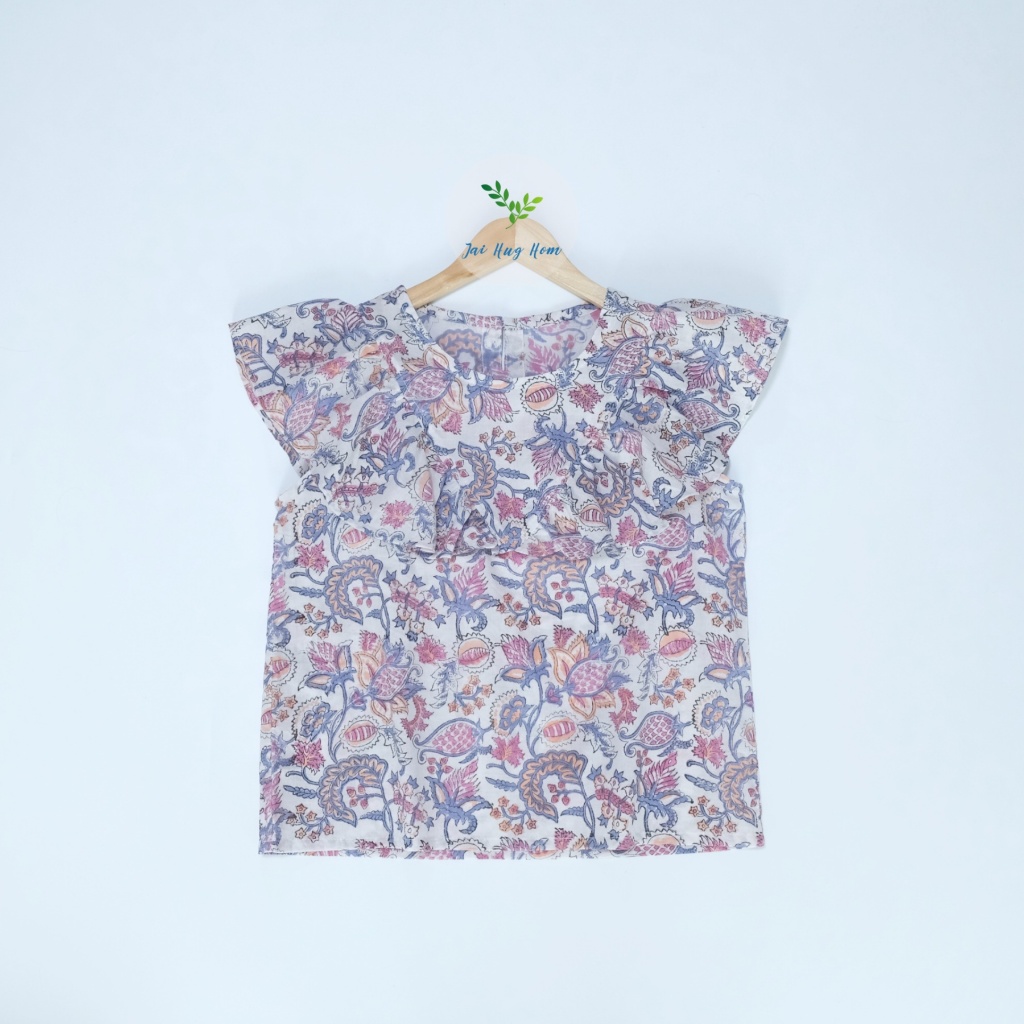 เสื้อคอกลม แขนกุด แต่งระบาย เนื้อผ้าคอตตอนอินเดีย พิมพ์ลายบล็อกไม้จากอินเดีย