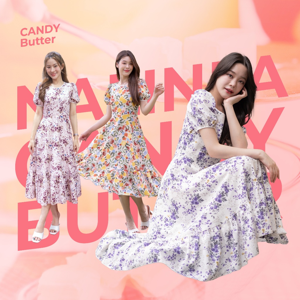 CANDY Butter (Flower/Sakura/Lavender) - เดรสแขนตุ๊กตา กระโปรงทรงย้วยต่อระบาย By Nalinfa