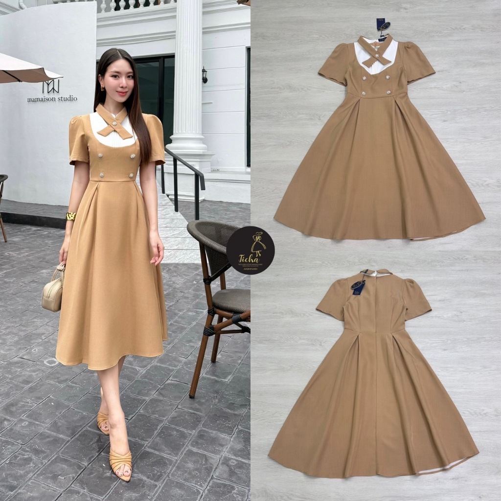 [Ticha] เดรสคลุมเข่าทูโทน แขนสั้น ช่วงแขนแต่งจับจีบยกพองเล็กน้อย ดีไซน์แต่งคอปก