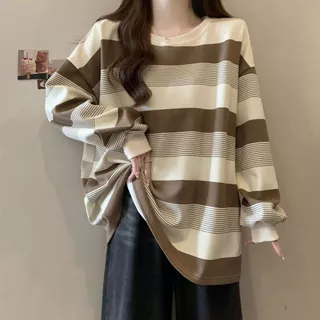 พร้อมส่งในไทย**เสื้อแขนยาวลายทางผ้าโพลี ทรงเกาหลี Y263