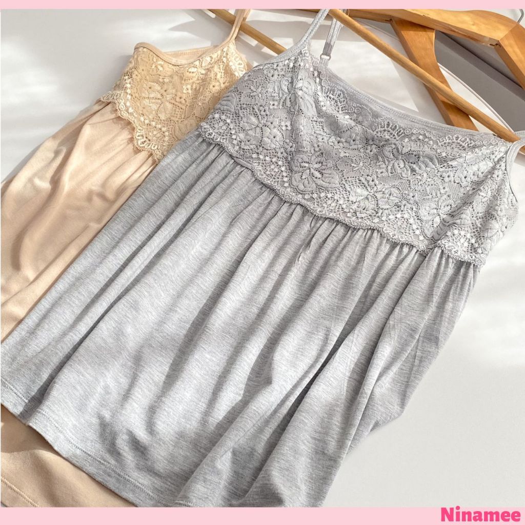 🍒Ninamee สายเดี่ยวลูกไม้ อก30-40" รุ่นเอวระบาย26-40"] เสื้อสายเดี่ยวแต่งลูกไม้ สายเดี่ยวคอลูกไม้ เสื