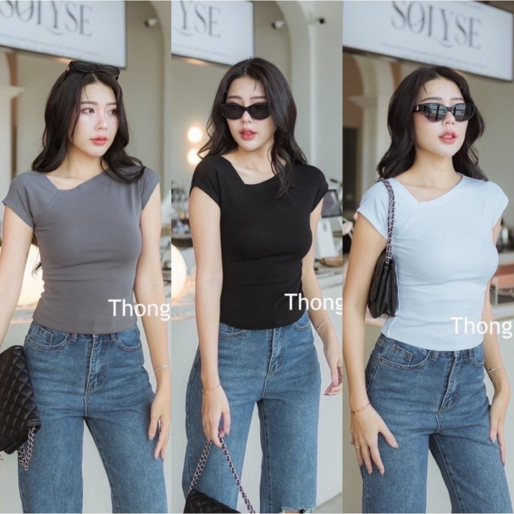 เสื้อยืดแขนสั้นคอปาดเหลี่ยม เสื้อยืดแขนสั้นสีพื้น ผ้ายูนิโคล่คอเหลี่ยม สวยมาก ผ้านิ่มใส่สบาย Thong Glom (TG003)