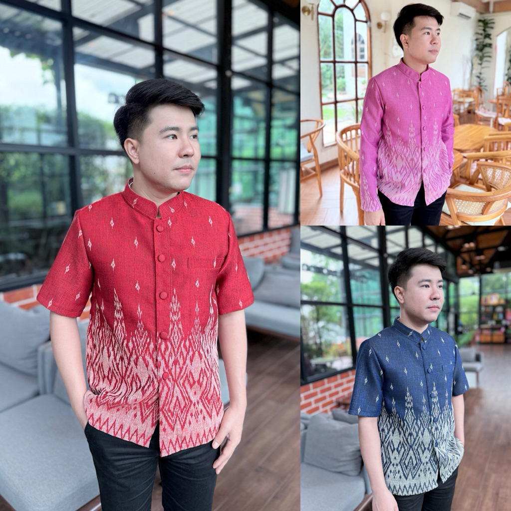 เสื้อเชิ้ตผ้าไทยผู้ชาย ~ ลายนาค ผ้าทออัดกาวเกรดพรีเมี่ยม