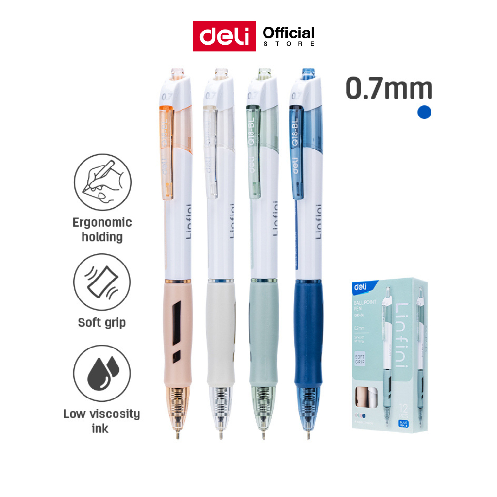 (โปรพิเศษ!! ซื้อ 5 แถม 1) ปากกาลูกลื่นแบบกด Deli ปากกา หมึกน้ำเงิน เขียนลื่น ขนาดเส้น 0.7mm