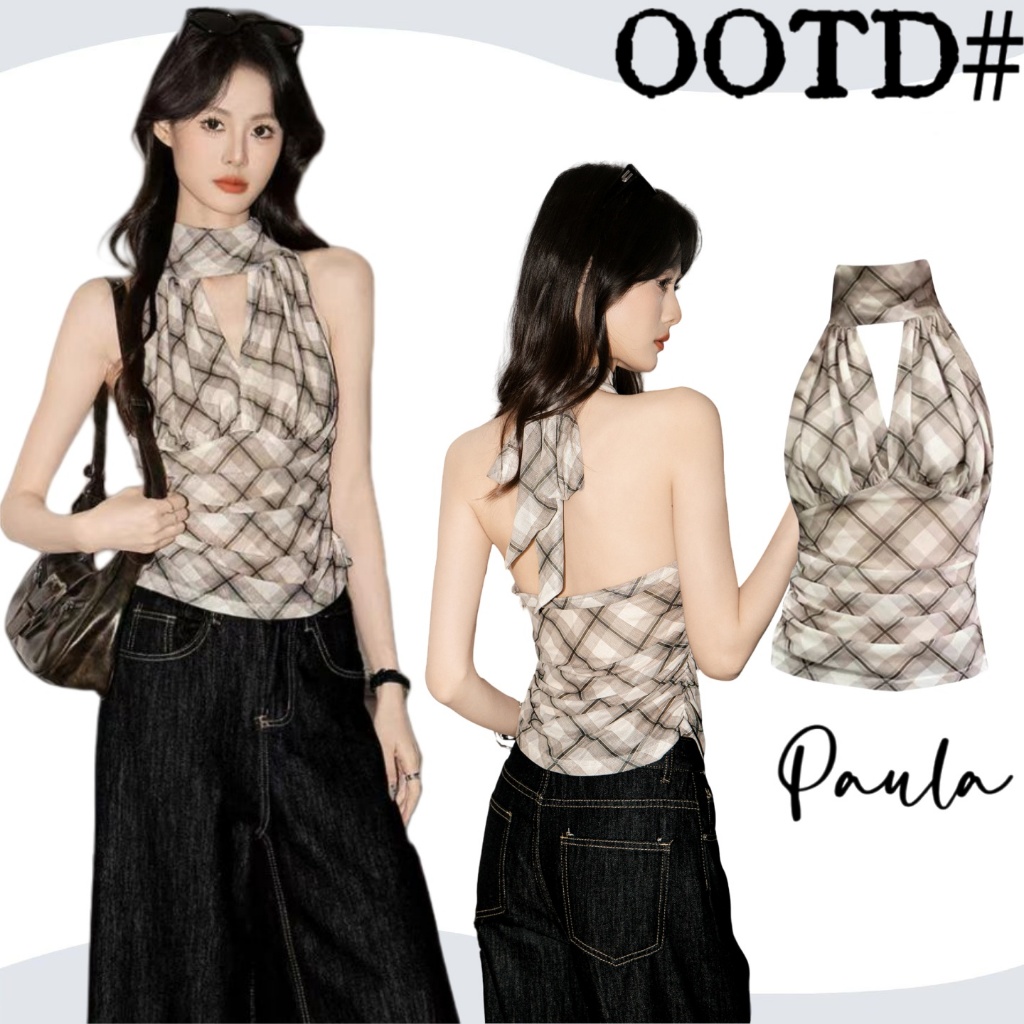 Paula พร้อมส่ง🌴เสื้อคล้องคอ🌴คอวีลึก เสื้อครอป ทรงเข้ารูปดูแพง ชุดไปกาแฟ ลายสก๊อต เซ็กซี่แฟชั่นผู้หญิง  เปิดหลังผูกคอ