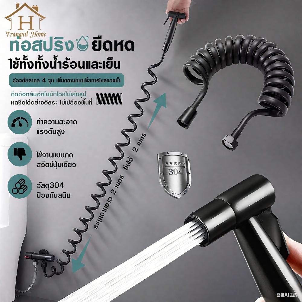 หัวฉีดชำระ ชุดฉีดชำระ แรงดันสูง สายฉีดชำระ แบบสปริง ท่ออาบน้ำแบบยืดหดได้ ชุดปืนฉีดชําระสแตนเลสชักโครก ทำความสะอาดได้
