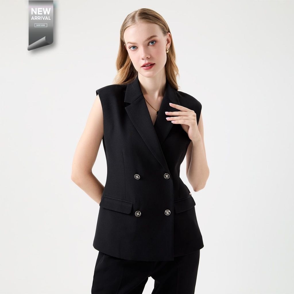 ESPADA เสื้อเบลเซอร์แขนกุดกระดุมสองแถว ผู้หญิง สีดำ | Sleeveless Double-Breasted Blazer | 04871