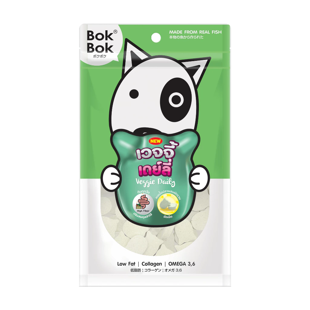 Bok Bok บ๊อกบ๊อก เวจจี้ เดย์ลี่ ขนาด 50 กรัมและ 150 กรัม นมแพะผสมผงผัก ผงกระดูกปลา ผงเนื้อปลา