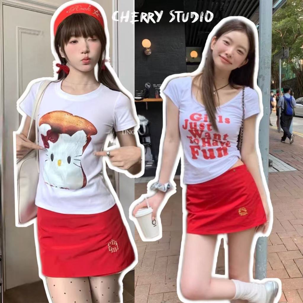 Cherryพร้อมส่ง🍅ชุดสีแดง ชุด2ชิ้น ชุดสาวเกาหลีY2K คุณหนู น่ารัก เสื้อยืดครอปรัดรูป+กระโปรงสั้นเซ็กซี่ ชุดไปเที่ยว ไปปาร์
