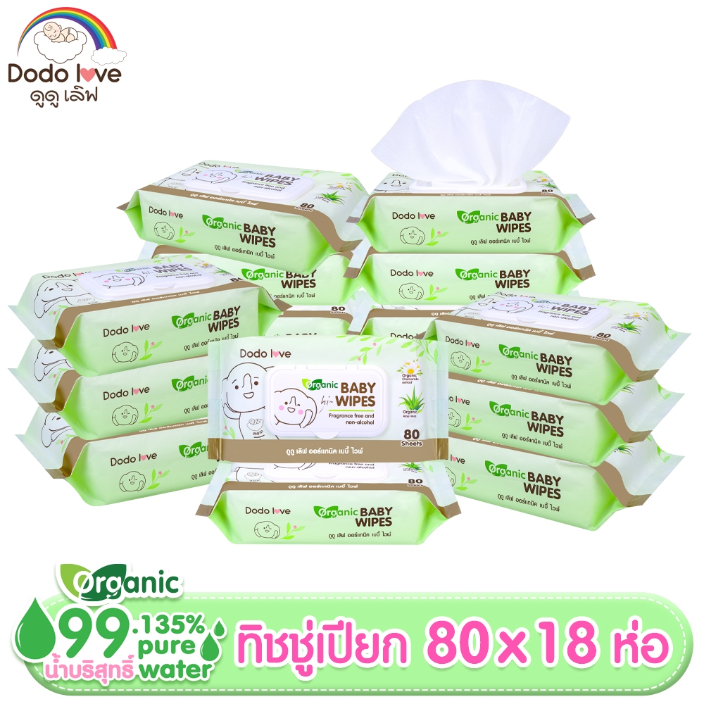 DODOLOVE [ยกลัง6,12,16]  ทิชชู่เปืยก Organic Baby Wipes ผ้าเช็ดทำความสะอาดสำหรับเด็ก ออร์แกนิค ห่อใหญ่ 80 แผ่น