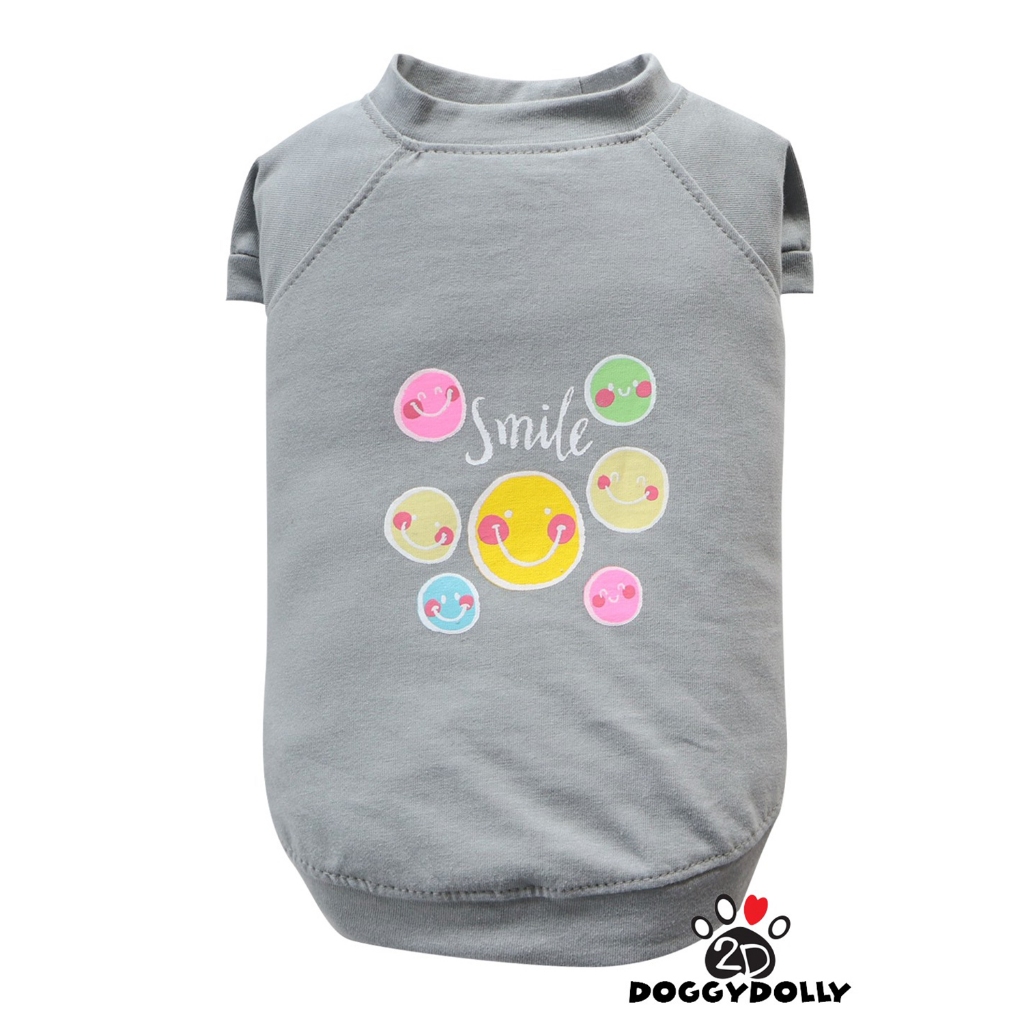 Petcloths -Doggydolly  เสื้อผ้าแฟชั่น  สัตว์เลี้ยง  หมาแมว ผ้ายืด คอกลม มีแขน สีเทา ลายยยิ้ม Smile  ขนาดไซส์ 1-9โล T927