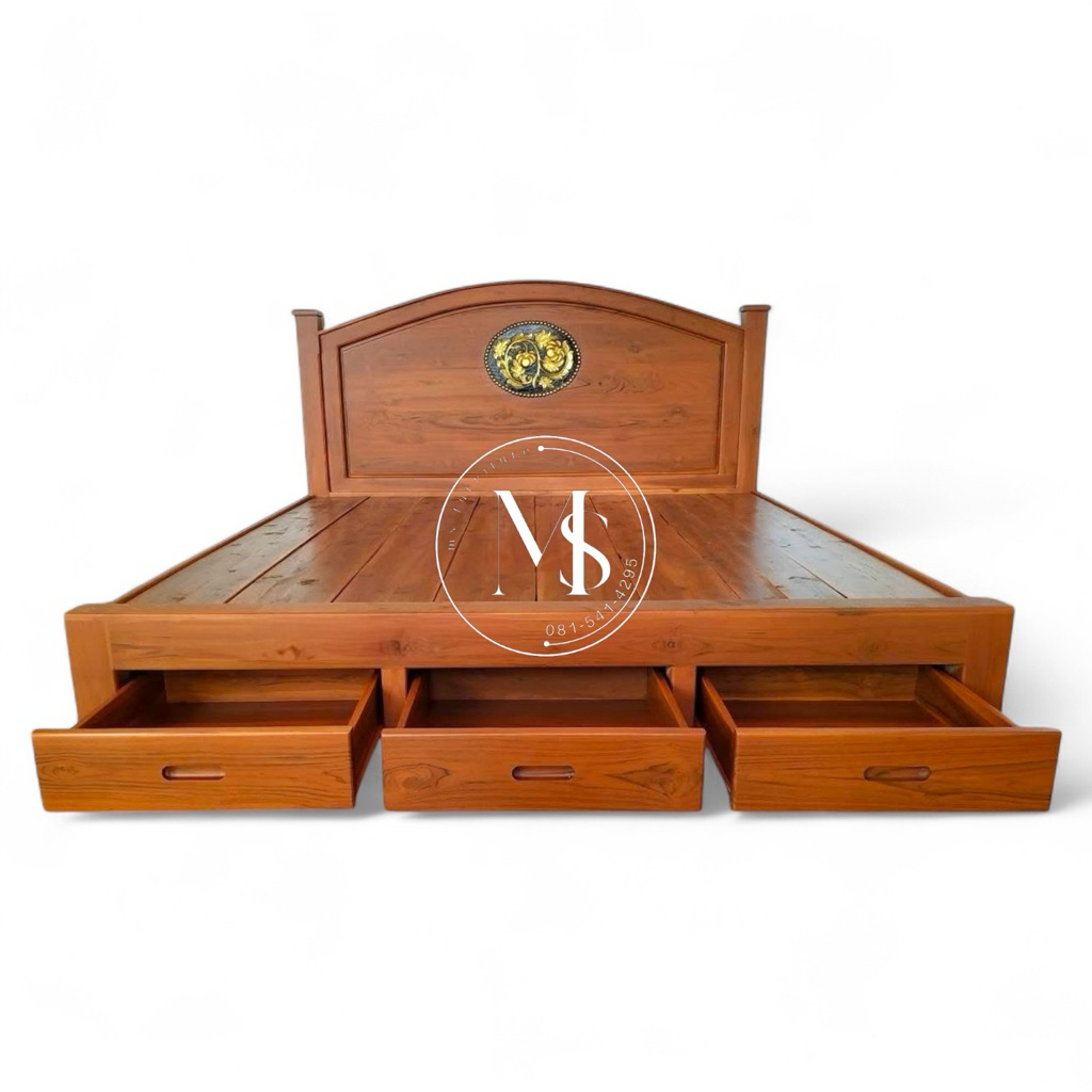 ⚡️ส่งฟรีพร้อมติดตั้ง⚡️เตียงนอนไม้สักทองแก่ 3 ลิ้นชัก ขนาด 5,6ฟุต
