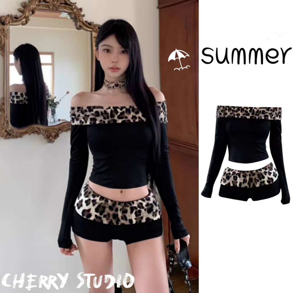 Cherry พร้อมส่ง ♟️ชุดเซ็ทลายเสือเสื้อยืดแขนยาว เปิดไหล่ พิมพ์ลายเสือดาว และกางเกงขาสั้น ทรงเข้ารูป แฟชั่นเซ็กซี่ผู้หญิง