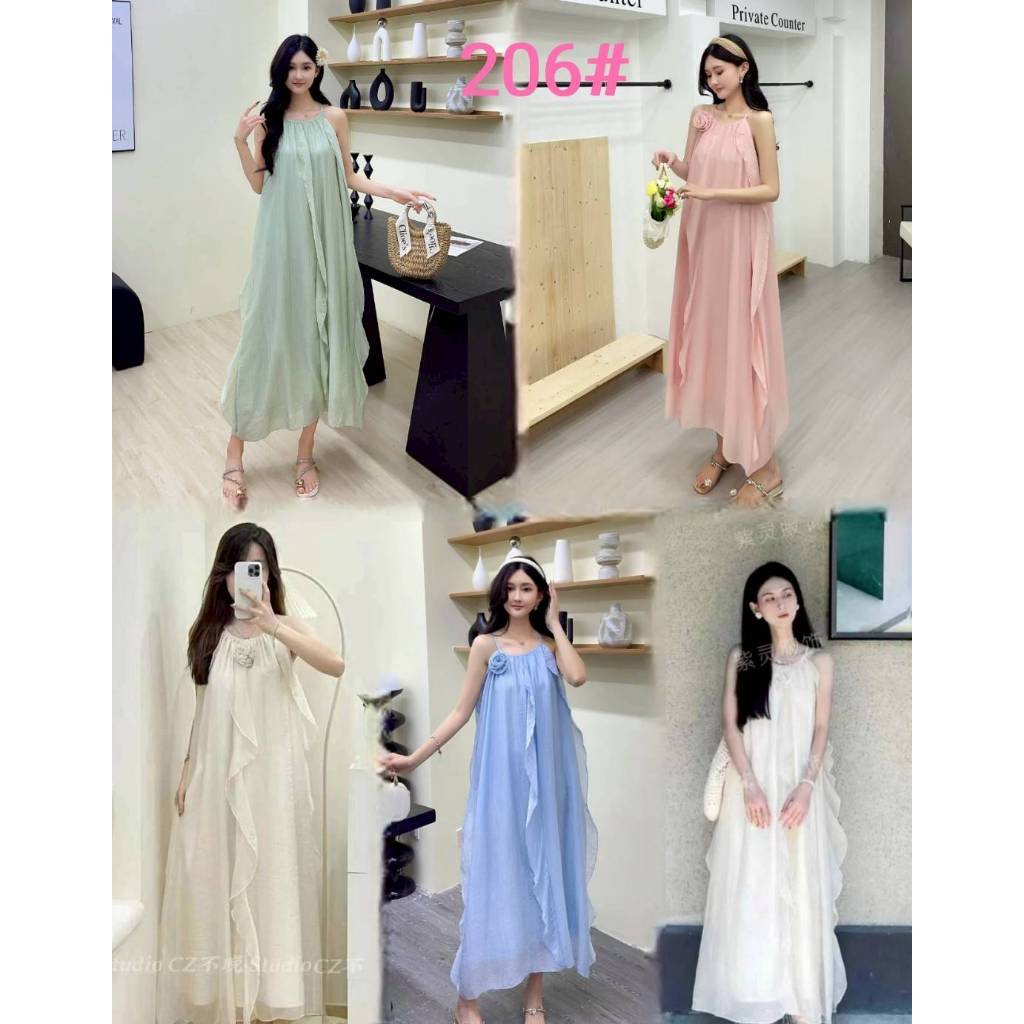 [ Chinggy ] 206# เดรสยาวสายเดี่ยวผ้าพื้นผ้านุ่มใส่สบาย ใส่ออกมาเป็นชั้นเลเยอร์สวยจึ้งมาก มีซับในอย่างดี