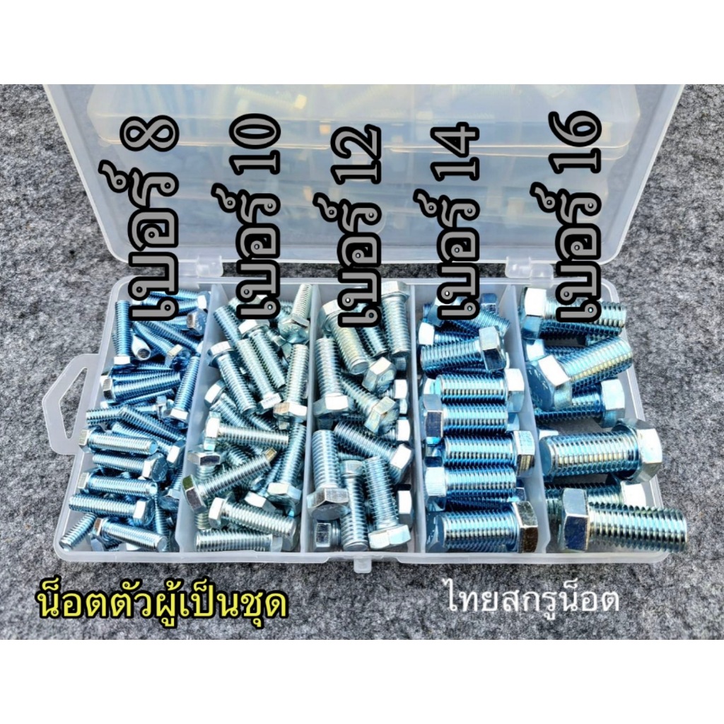 น็อตตัวผู้แพ็คชุด ขนาด M5x20เบอร์ 8/M6x20เบอร์ 10/M8x20เบอร์12/M10x20เบอร์14/M12x25เบอร์16 น็อตเกลีย