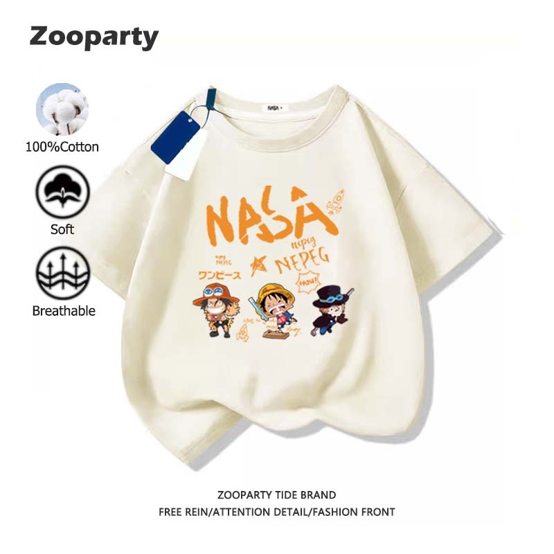 เสื้อเด็ก One Piece 2025 ใหม่ ฤดูร้อน แฟชั่น คอกลม เสื้อเชิ้ตเด็กชาย 100% cotton ระบายอากาศได้ ใส่สบาย นุ่ม อายุ 3-15 ปี