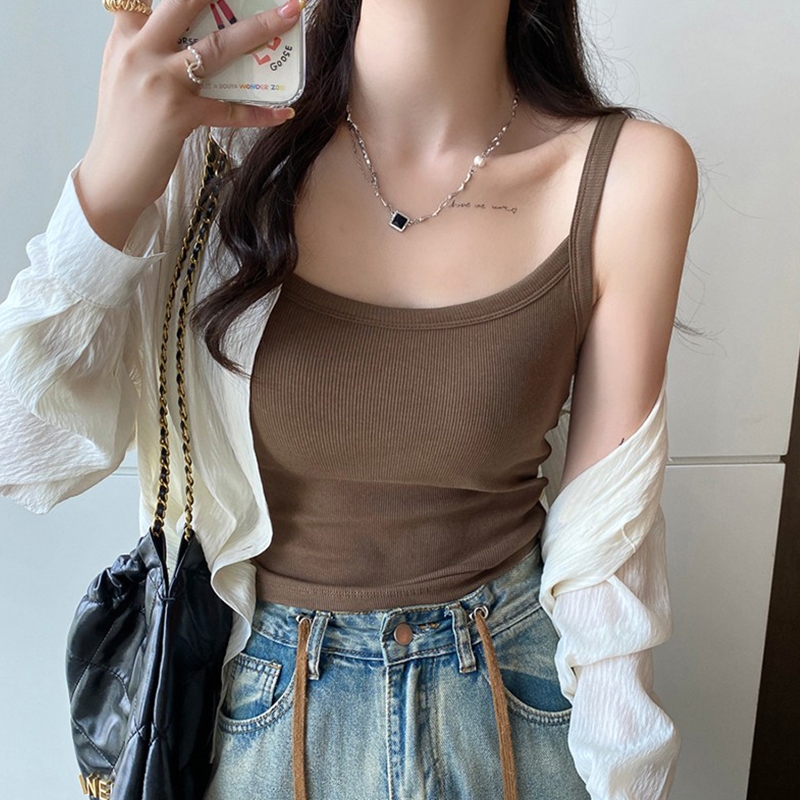 เสื้อกั๊กผู้หญิงแฟชั่น,,สายเอี๊ยมเล็ก,,เข้ารูป,,กระชับสัดส่วน,,ฤดูร้อนบางใส่ด้านในและด้านนอก,,สีทึบ,ผ้าเรยอนใส่สบาย