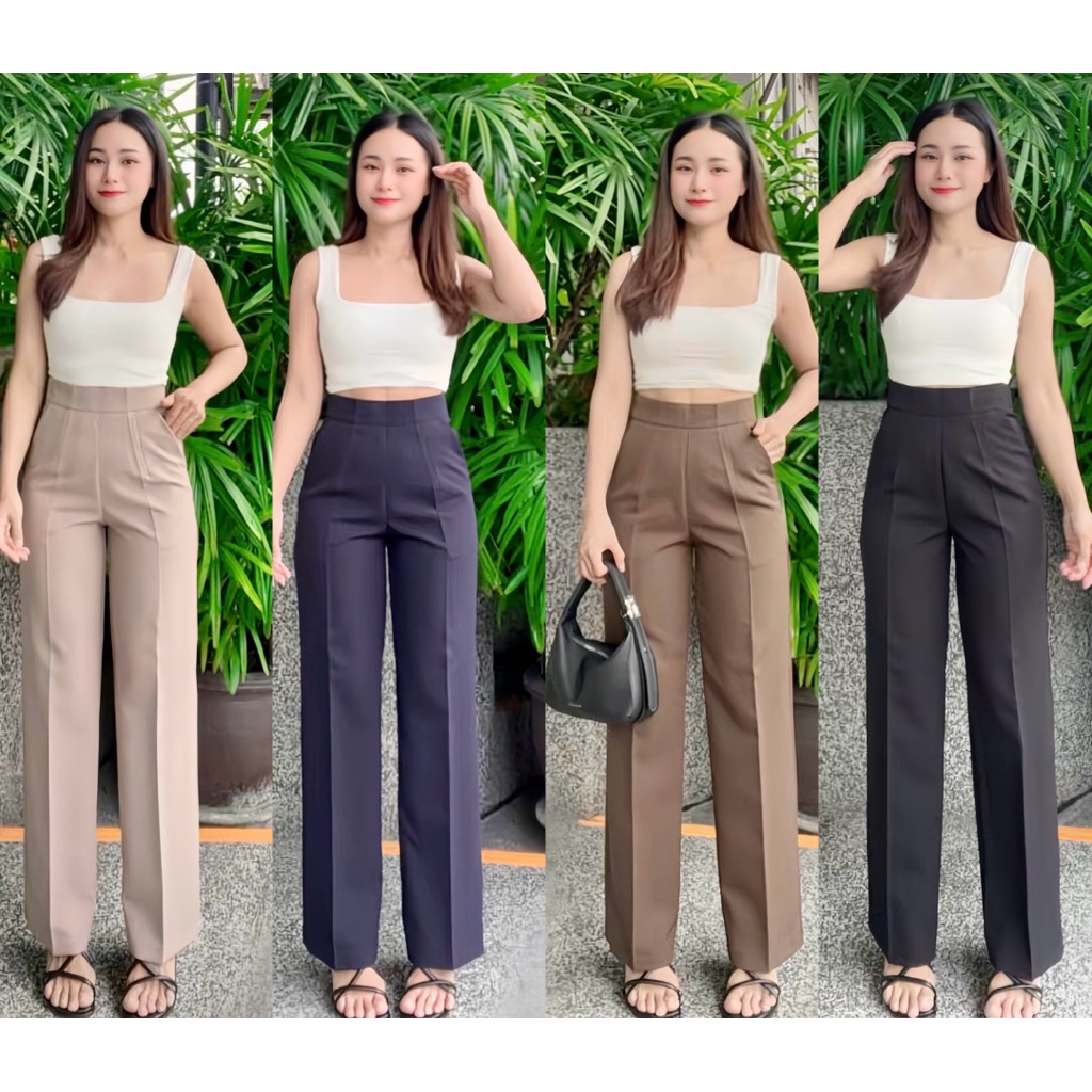 กางเกงทำงานทรงขากระบอกกลาง ซิปข้าง เอวสูง ผ้าไมโคร Premium [A9]